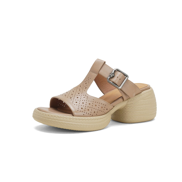 Premium Handmade Washed Leather Perforated Mule Sandals, Women's Chunky Platform T-Strap Slides