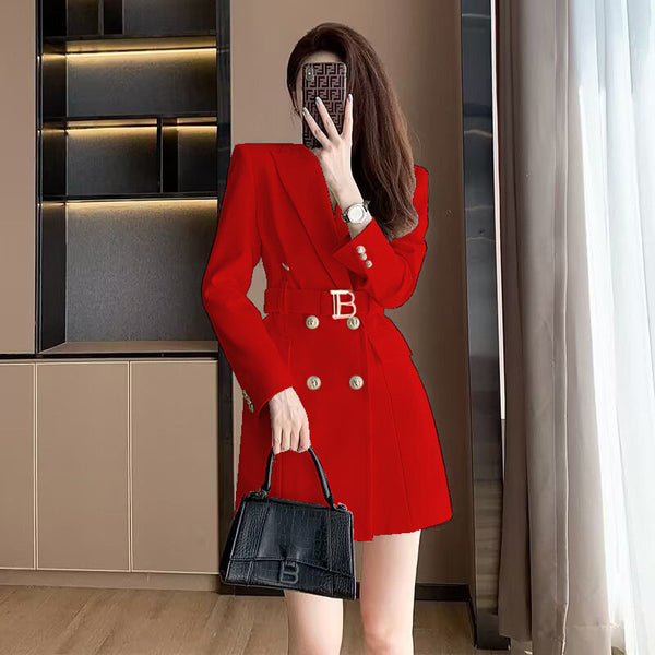 Elegant Waist-Cinched Blazer Dress With Double-Breasted Buttons