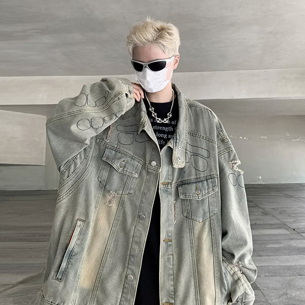 Springautumn Designer-style American Retro Workwear Distressed Ripped Denim Jacket