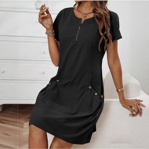 Short-sleeved Dress With Pockots And Zipper Women's Summer Clothing