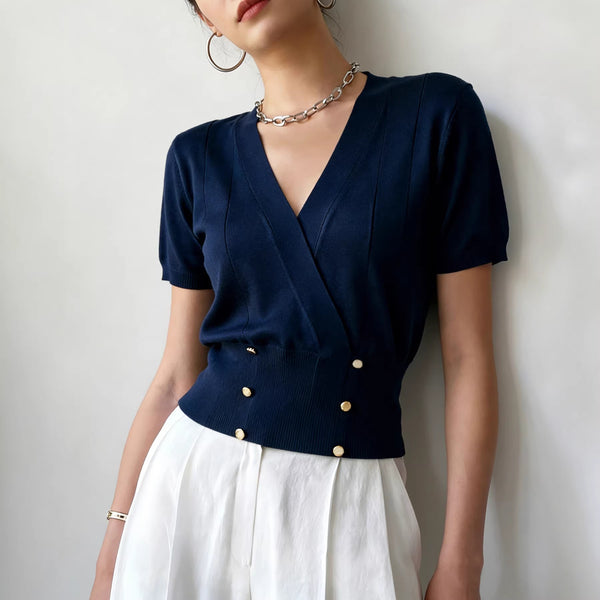 Women's Solid Color Elegant Top With Double Breasted Three Buttons