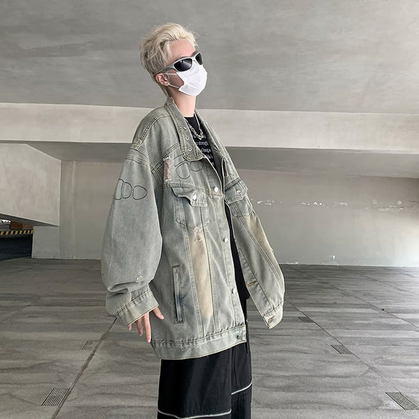 Springautumn Designer-style American Retro Workwear Distressed Ripped Denim Jacket