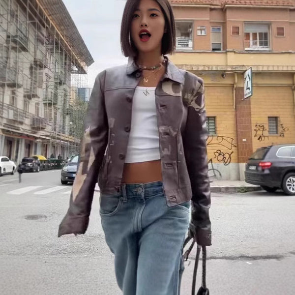 Fashionable Minimalist Versatile Printed Leather Short Jacket With Long Sleeves