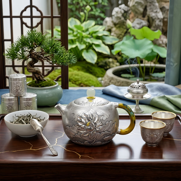Pure 999 Fine Silver Handcrafted Silver Lotus Teapot with Intricate Relief Carvings and Jade Finial - Handicraft
