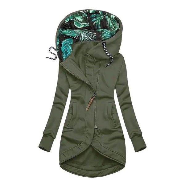 Womens Solid-Color Zip-Up Hoodie With Print And Long Sleeves