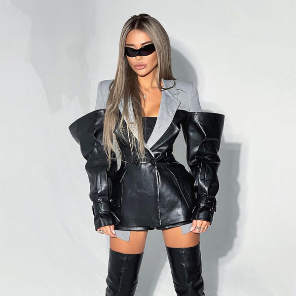 Leather Stitching Suit Jacket For Women Autumn And Winter New Advanced