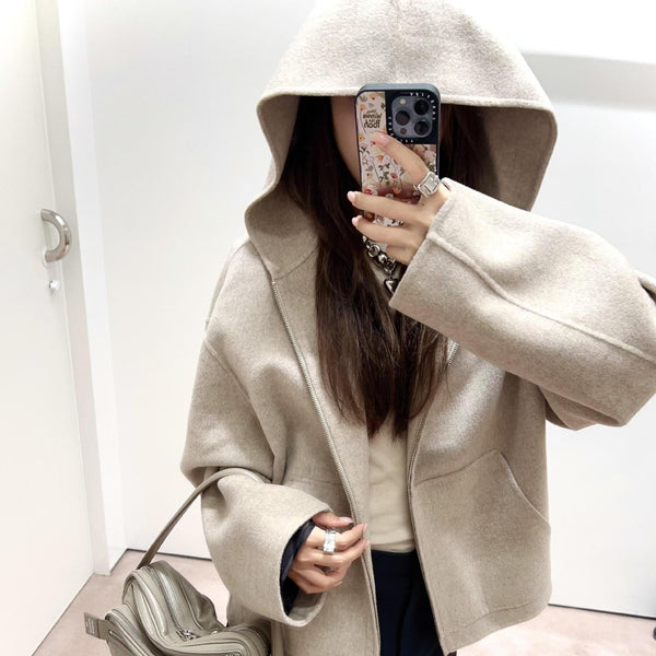 Loose-fit Casual Minimalist Wool-blend Zip-up Hooded Jacket