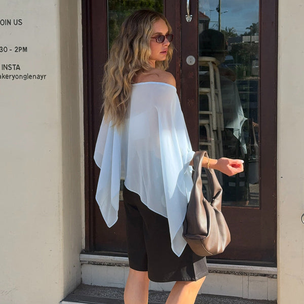 Mesh Off-shoulder Batwing-sleeve Shawl Top