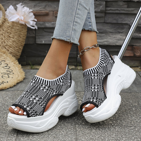 Summer New Thick-Soled Slip-On Flyknit Peep-Toe Sporty Sandals For Women