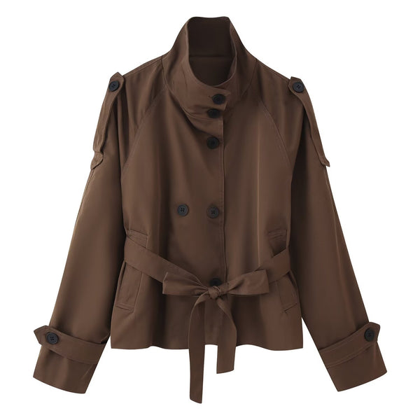 Stand-up Collar Double-breasted Belted Short Trench Coat