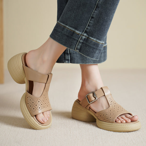 Premium Handmade Washed Leather Perforated Mule Sandals, Women's Chunky Platform T-Strap Slides