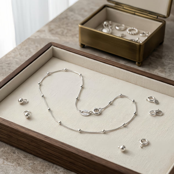 925 Sterling Silver Italian-Made 14K White Gold Bead-Accented Chain Necklace