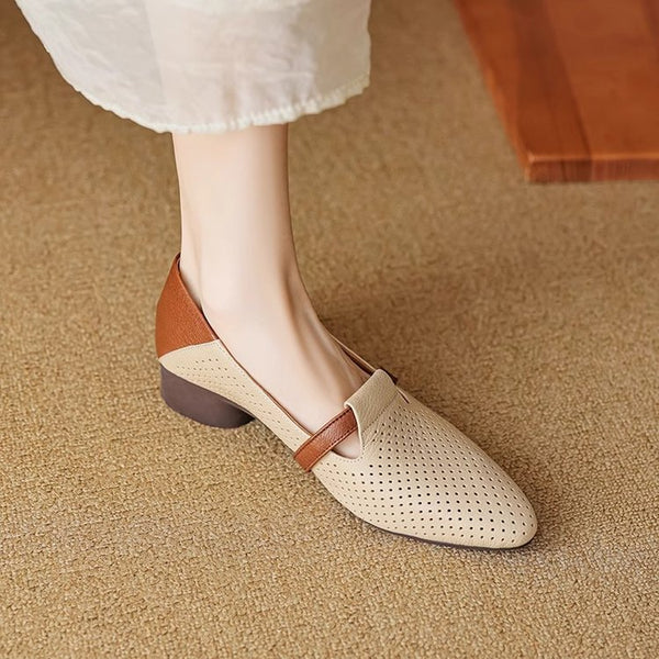 French-style Color-Block Elegant Soft Leather Low-Heel Womens Pumps