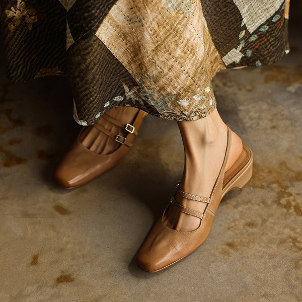 Women's Handmade Washed Full-Grain Leather Slingback Mary Jane Sandals, Vintage Square Toe Double Strap Buckle Low Wedge Heel Shoes