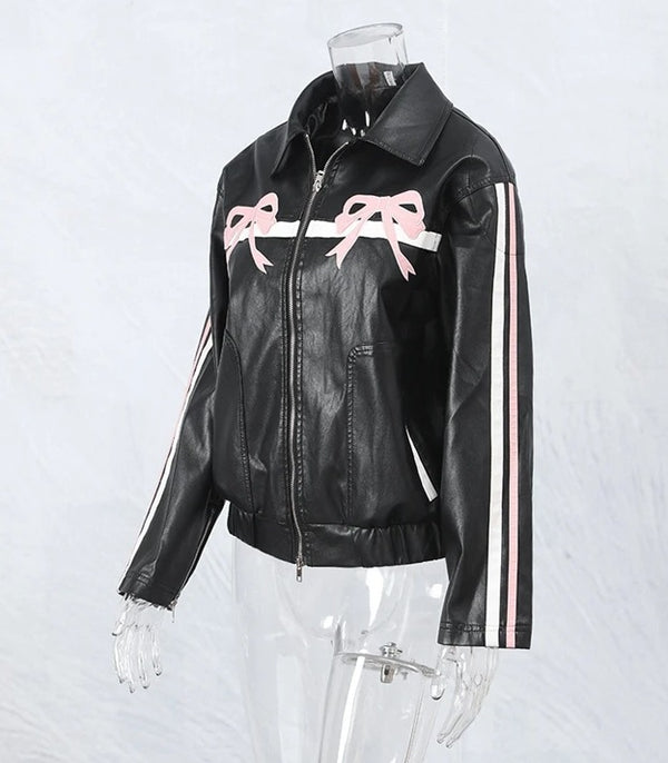 Women's Bow-Knot Zipper Leather Jacket