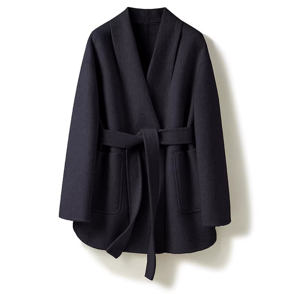 Camel-wool V-neck Wool Double-faced Wool Belted Coat