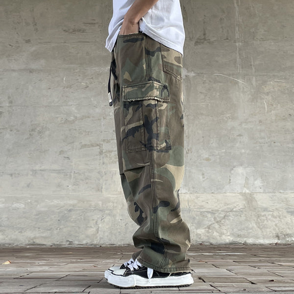 Mens American-style Streetwear Retro Loose Straight-fit Camouflage Work Pants