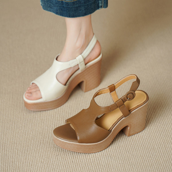 Handcrafted Full-Grain Lambskin Chunky Heel Platform Sandals, Women's Perforated Slingback Shoes