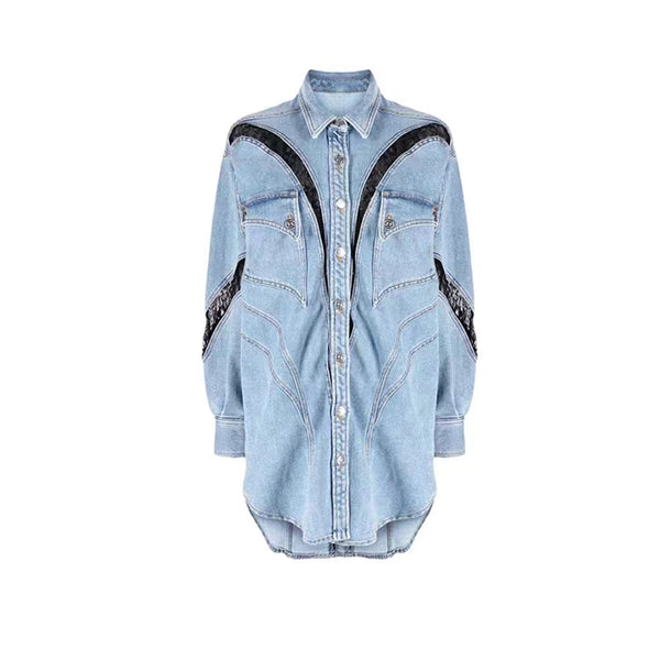 Lace Contrast-Color Oversized Shirt-Style Denim Jacket Coat
