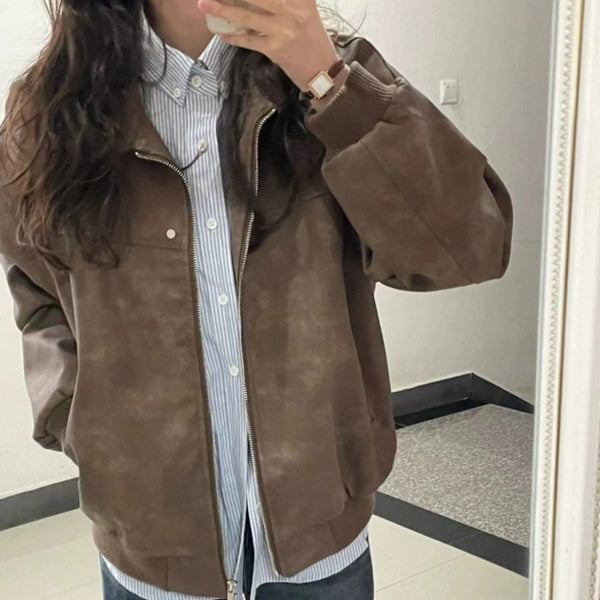 Retro Brown Square-Neck Coat Women's SpringAutumn Style