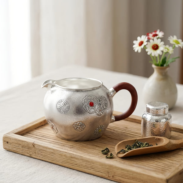 Pure 999 Fine Silver Handcrafted Silver Tea Fair Cup with Floral Relief and Wooden Handle - Handicraft