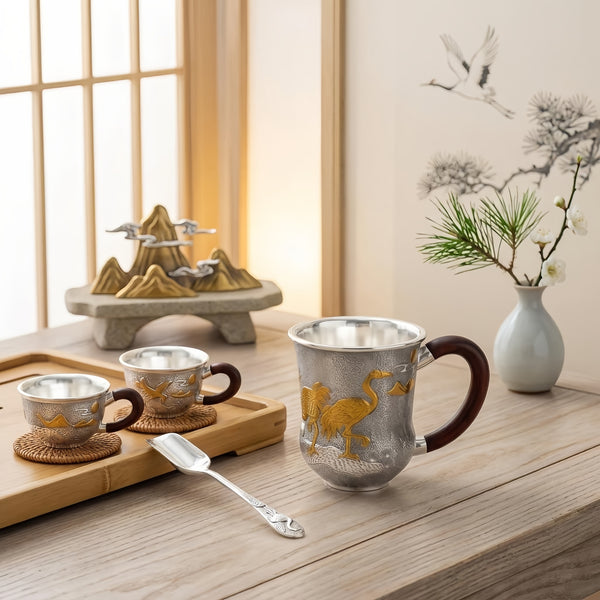 Pure 999 Fine Silver Exquisite Sterling Silver Cup with Crane Relief and Dark Wood Handle - Handicraft