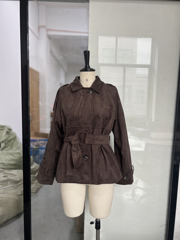 Retro Brown Lace-Up Suede Jacket For Women