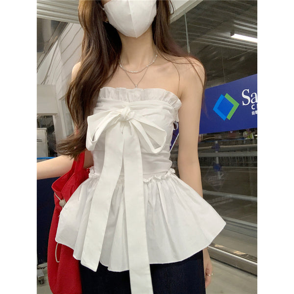 Sweet And Spicy Style Lotus Leaf Hemline Lace-up Bow-Cinched Tube Top