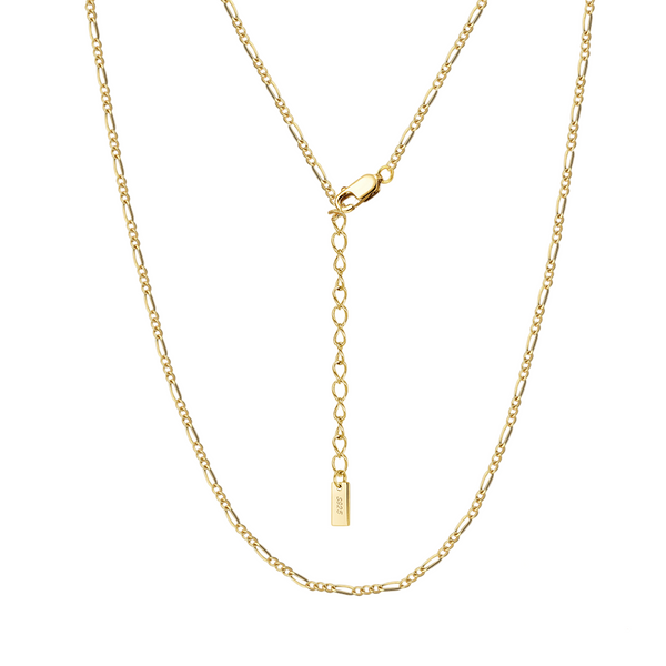 925 Sterling Silver Elegant Gold Figaro Chain Necklace with Engraved Pendant Charm