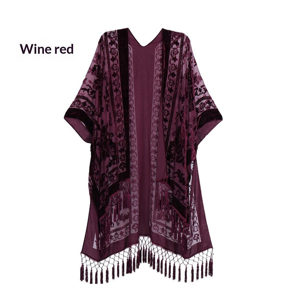Fashionable Bohemian Style Velvet Long Handmade Fringed Shawl