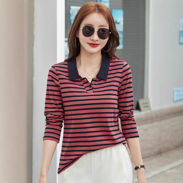 Striped Polo Shirt Plus-size Womens Fall Long-sleeve