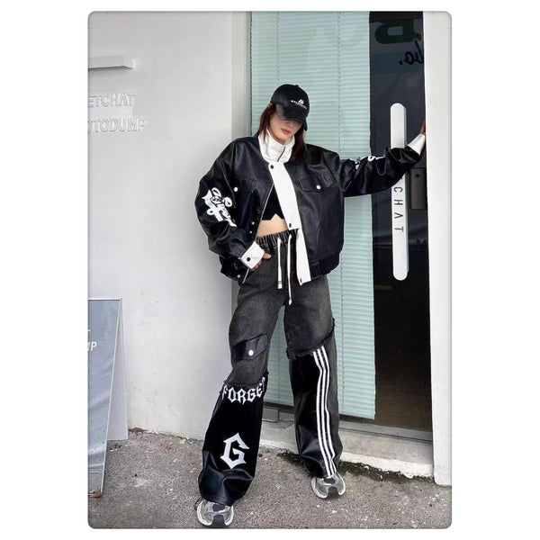 Personalized White Stand-collar Loose Short Jacket With Sleeve Lettering