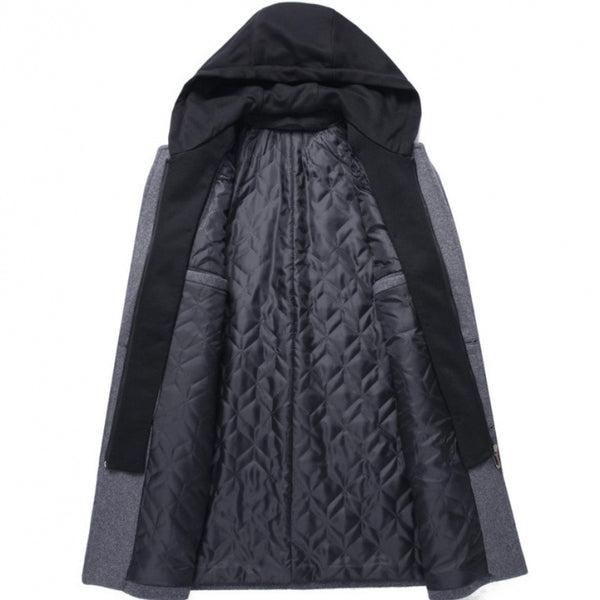 Men's Casual Woolen Coat Mid-length Detachable Hat Jacket