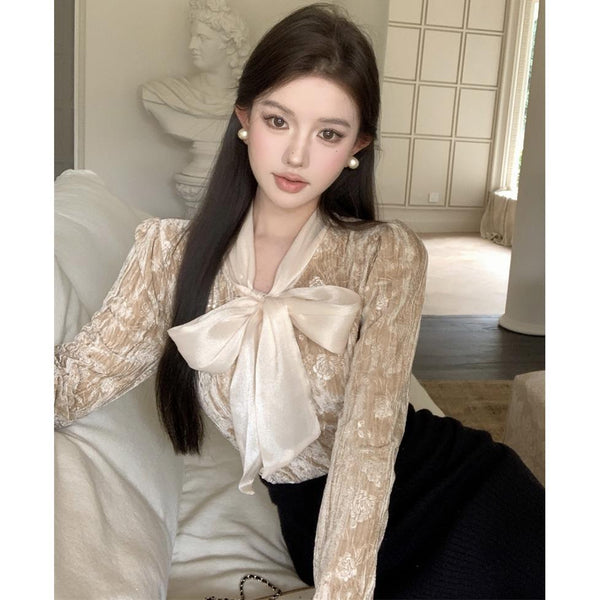 French-style Bow-Tie Lace-Up Velvet Shirt For Women