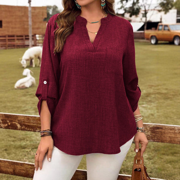 Solid-color V-neck Button-up Loose-fitting Fashionable Top