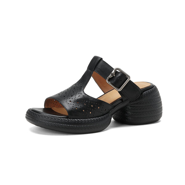 Premium Handmade Washed Leather Perforated Mule Sandals, Women's Chunky Platform T-Strap Slides