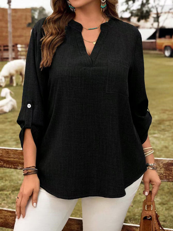 Solid-color V-neck Button-up Loose-fitting Fashionable Top