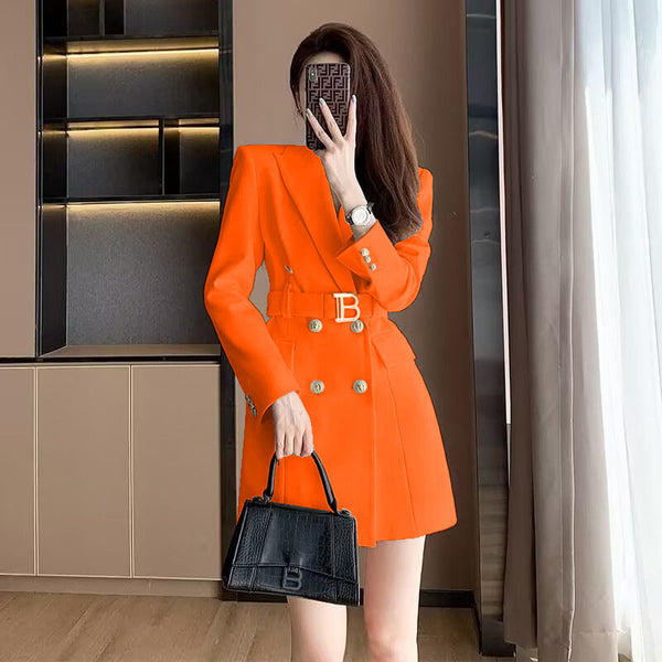 Elegant Waist-Cinched Blazer Dress With Double-Breasted Buttons
