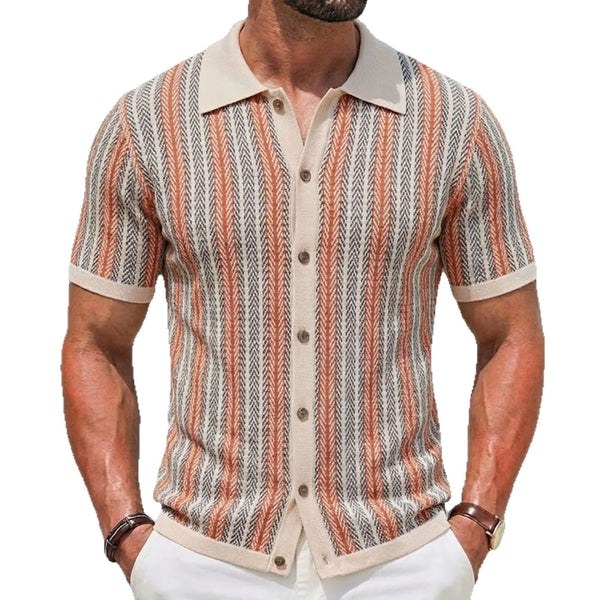 Men's Short-Sleeve Striped Knitted Cardigan Jacquard Polo Shirt