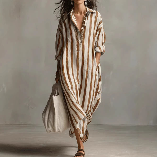Striped Print Dress Summer Split Collar Short Sleeve Long Dresses Fashion Women's Clothing