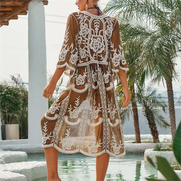 Embroidered Dress Swimsuit With A Lace Cover-up Cardigan For The Beach