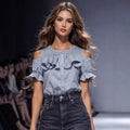 Women's Gray Ruffled-edge Short-sleeve Shirt