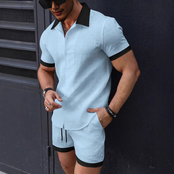 Mens Casual Color-Block Short-Sleeve Shirt And Shorts Beach Set