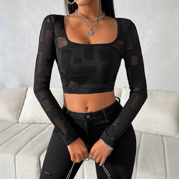 Fashionable Square Neck Mesh Short Top