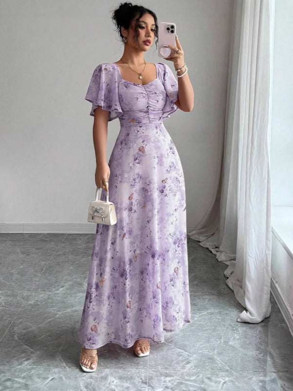 Flowers Printed Lotus Sleeve Dress Summer Elegant Slim Dresses Women's Clothing