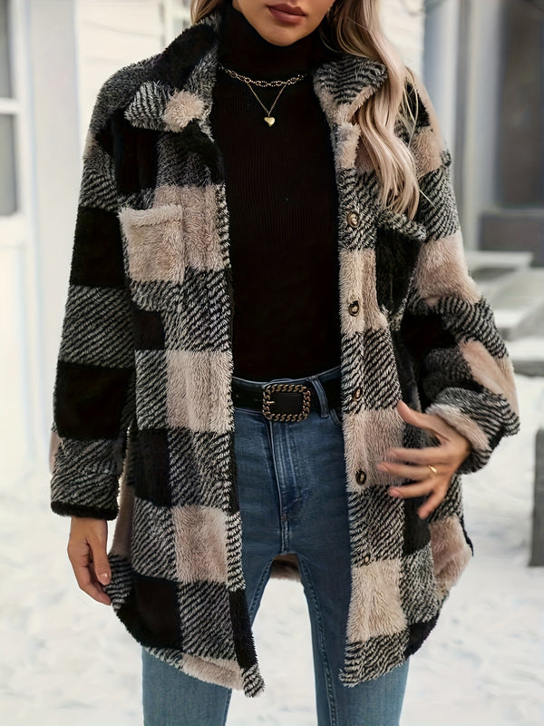 Womens Autumn Winter Long-Sleeve Plaid Fleece Coat With Dual Pockets In Plus Sizes