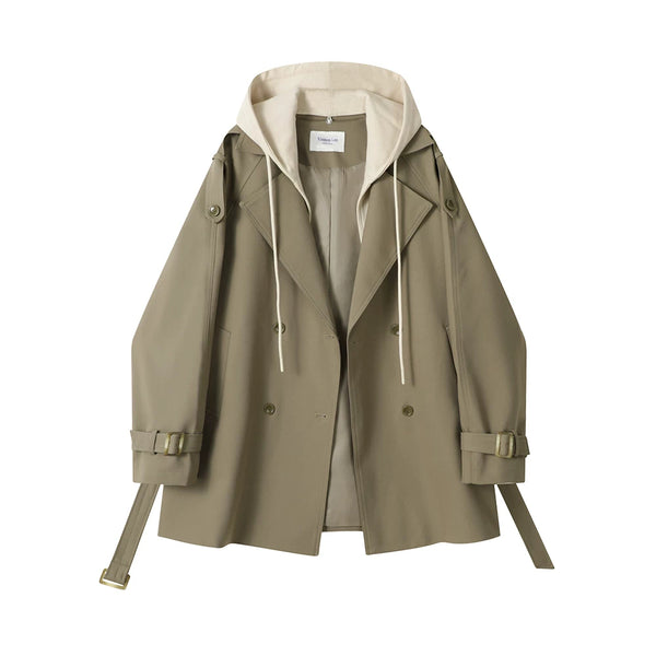 French Hepburn-style Faux Two-piece Hooded Trench Coat