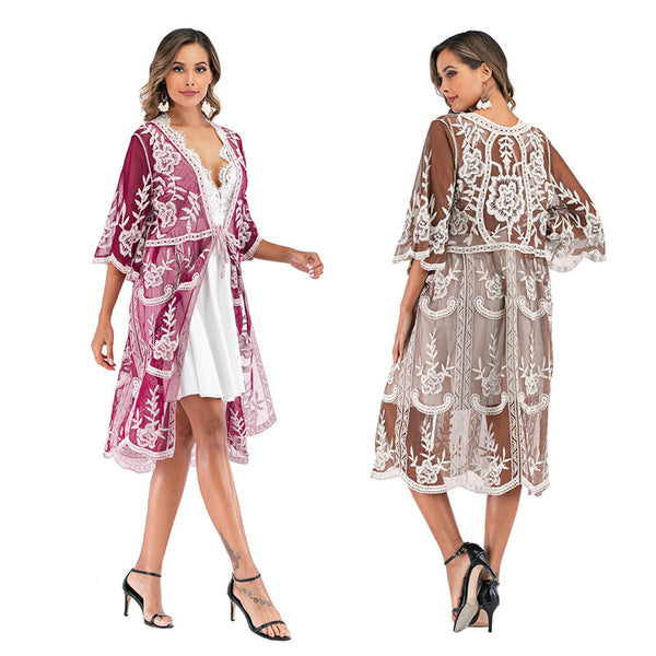 Embroidered Dress Swimsuit With A Lace Cover-up Cardigan For The Beach