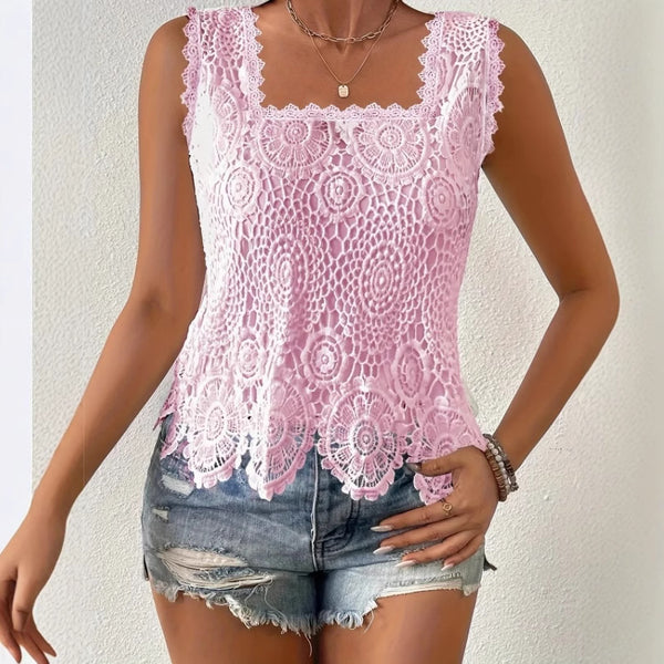 Womens Elegant Square-neck Lace Hollow-out Sleeveless Top