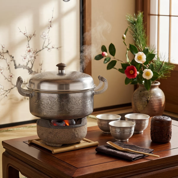 Pure 999 Fine Silver Elegant Hand-Hammered Silver Metal Pot with Intricate Floral Engravings and Wooden Handles - Handicraft